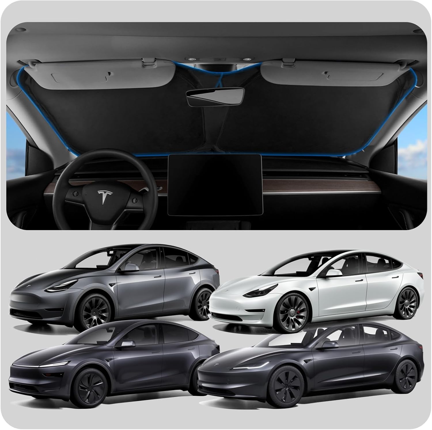 Spigen Tesla Model Y 2025 Juniper and Model 3 Highland 2024 2025 CryoShade Front Windscreen Sunshade, Dual Layered Protection From UV and Heat (Reinforced Velcro Strap), Designed for Tesla Accessories