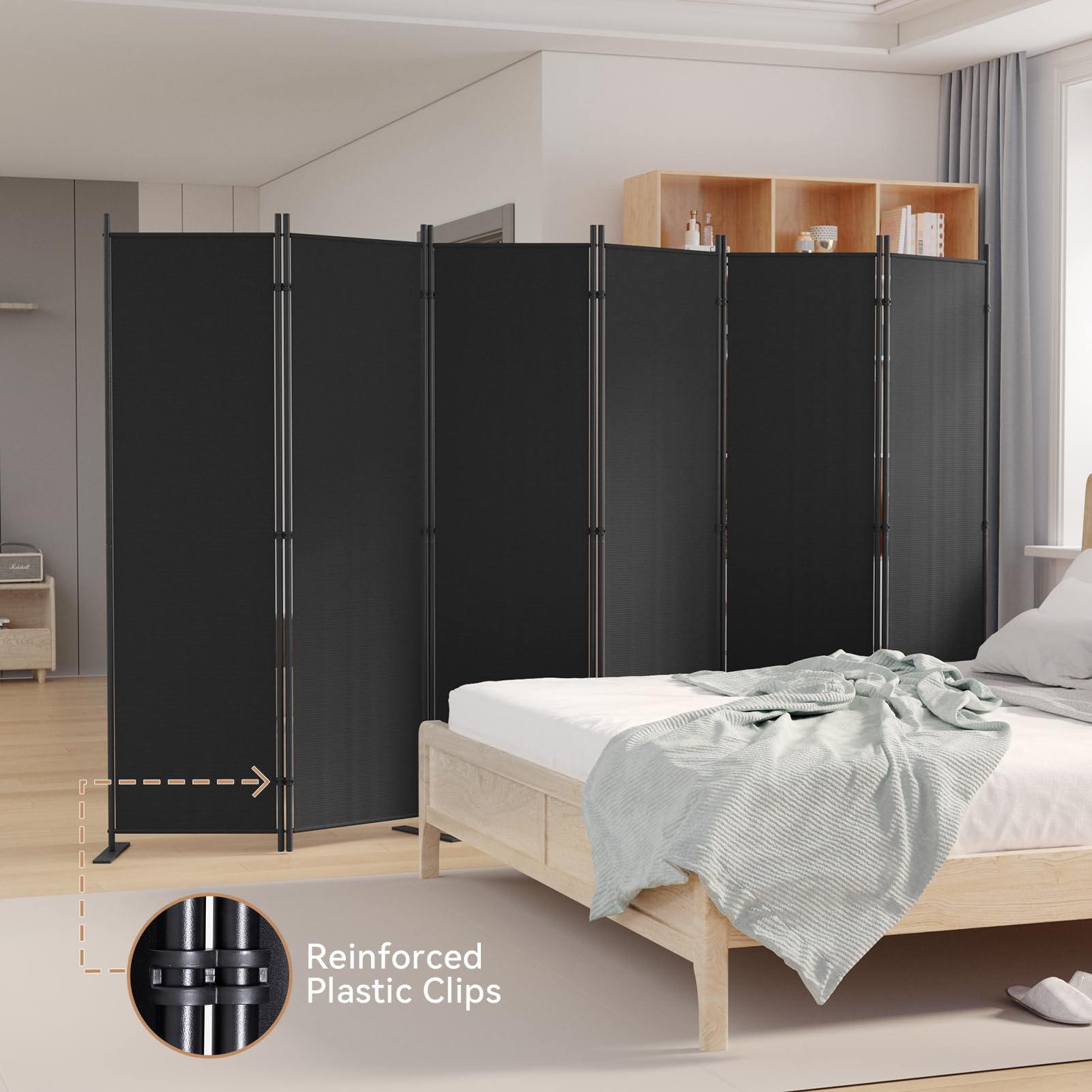 C-Hopetree 6 Panels Room Divider, 180cm Tall Indoor Folding Privacy Screen, Portable Partition Separator, Freestanding Separation Temporary Wall for Office, Bedroom, 304cm W X 180cm H, Black