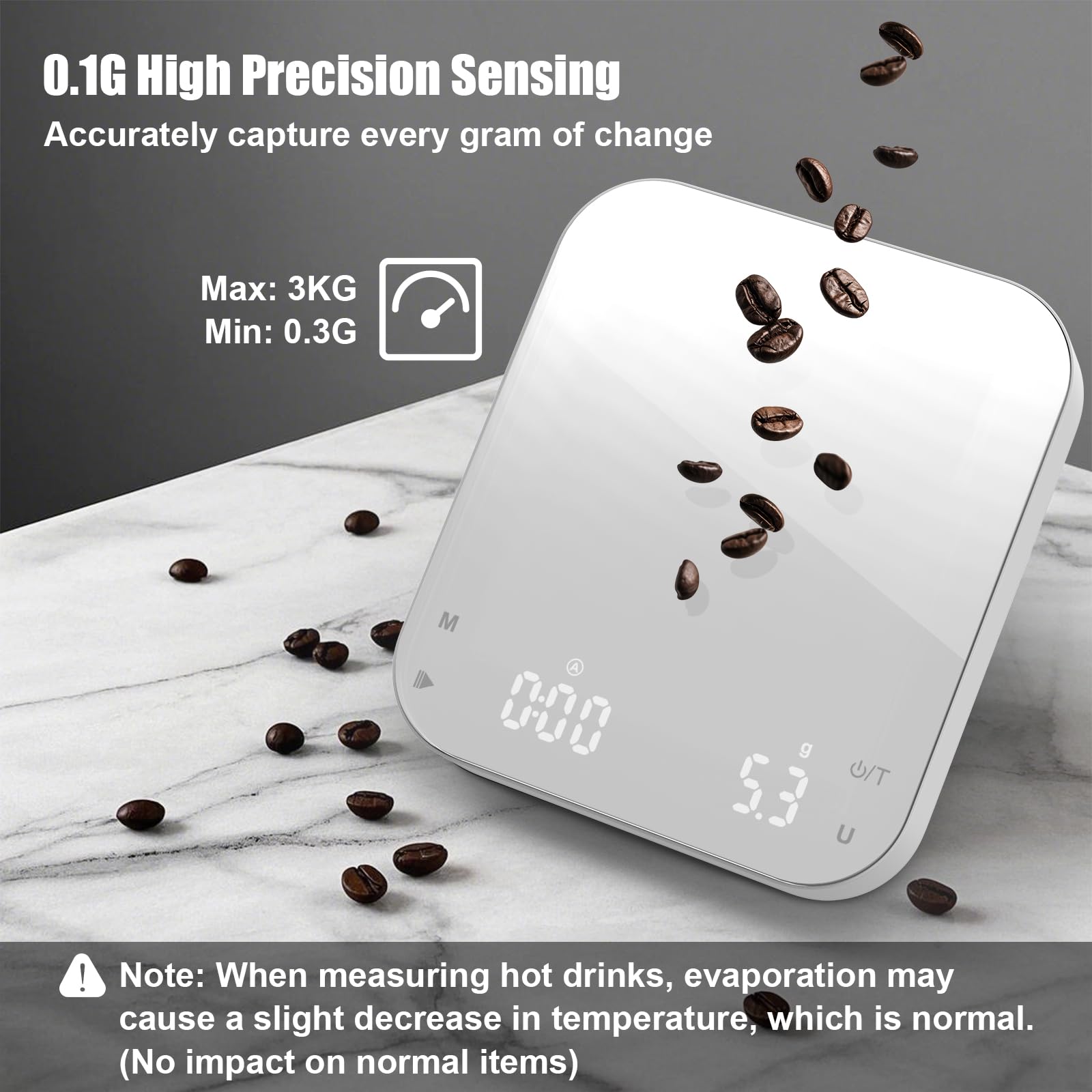 Rechargeable Mini Coffee Scale with Timer, Diyife 0.1g/3kg High Precision Electronic Digital Espresso Scale with HD LED Display, Portable Analytical Lab Balance for Labs, Jewellers, Gold, Food, White