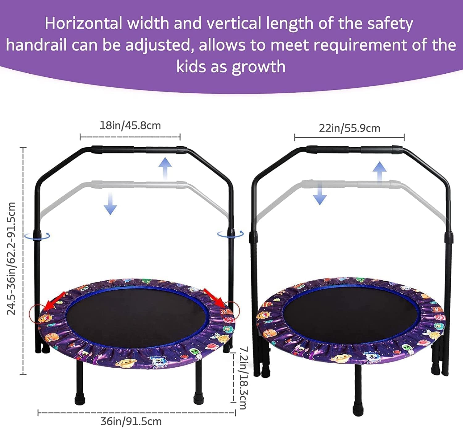 36'' Kids Trampoline Mini Trampoline Indoor & Outdoor Rebounder Trampolines with Adjustable Handle and Safety Padded Cover Foldable for Kids Toddler