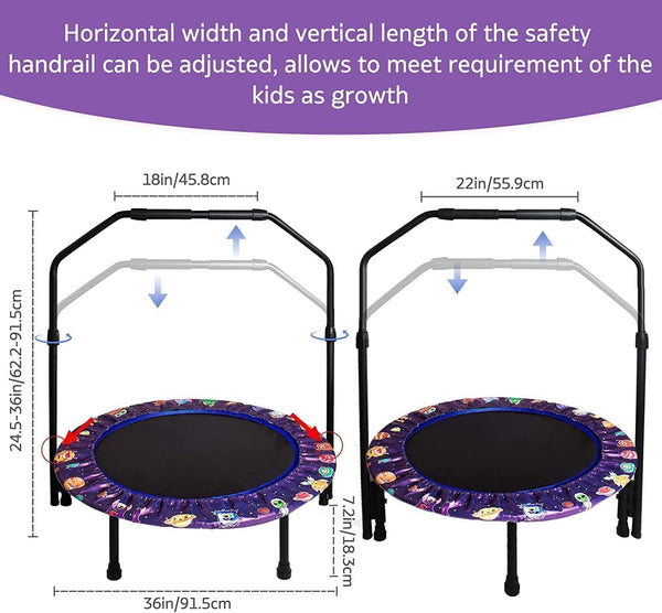 36'' Kids Trampoline Mini Trampoline Indoor & Outdoor Rebounder Trampolines with Adjustable Handle and Safety Padded Cover Foldable for Kids Toddler