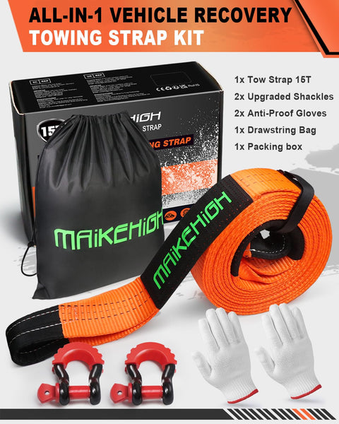 MAIKEHIGH Tow Rope 15 Ton (33,700 Lbs), 6M x 7.6cm Off-Road Recovery Towing Strap with 2 Gloves for Car, Truck, SUV, Emergency (Black)