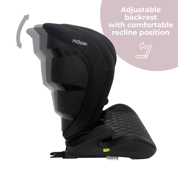 My Babiie Highback Booster Car Seat - ISOFIX, 100-150cm (Approx. 4-12 Years, Group 2/3), i-Size R129, Adjustable Child High Back Seat, Padded, 10 Position Headrest - Black Quilted