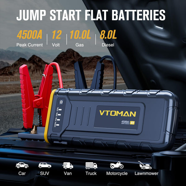 VTOMAN V7 4500A Jump Starter Power Pack, Car Battery Booster Jump Starter (Up to 10L Gas or 8L Diesel), 12V Car Jump Starter Power Bank with LED Flashlight, Fast Charging, 15V DC Port