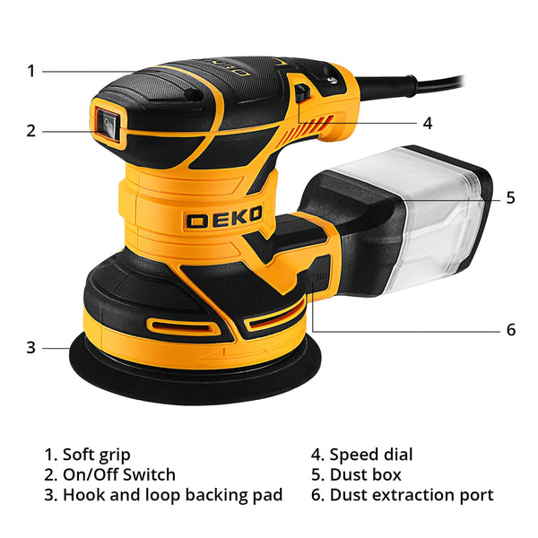 DEKOPRO Random Orbit Sander 300W with 16Pcs Sandpapers, 6 Variable Speed 14000RPM, 125MM Hand Electric Tool, High Performance Dust Collection System, Fit for Woodworking/Sanding