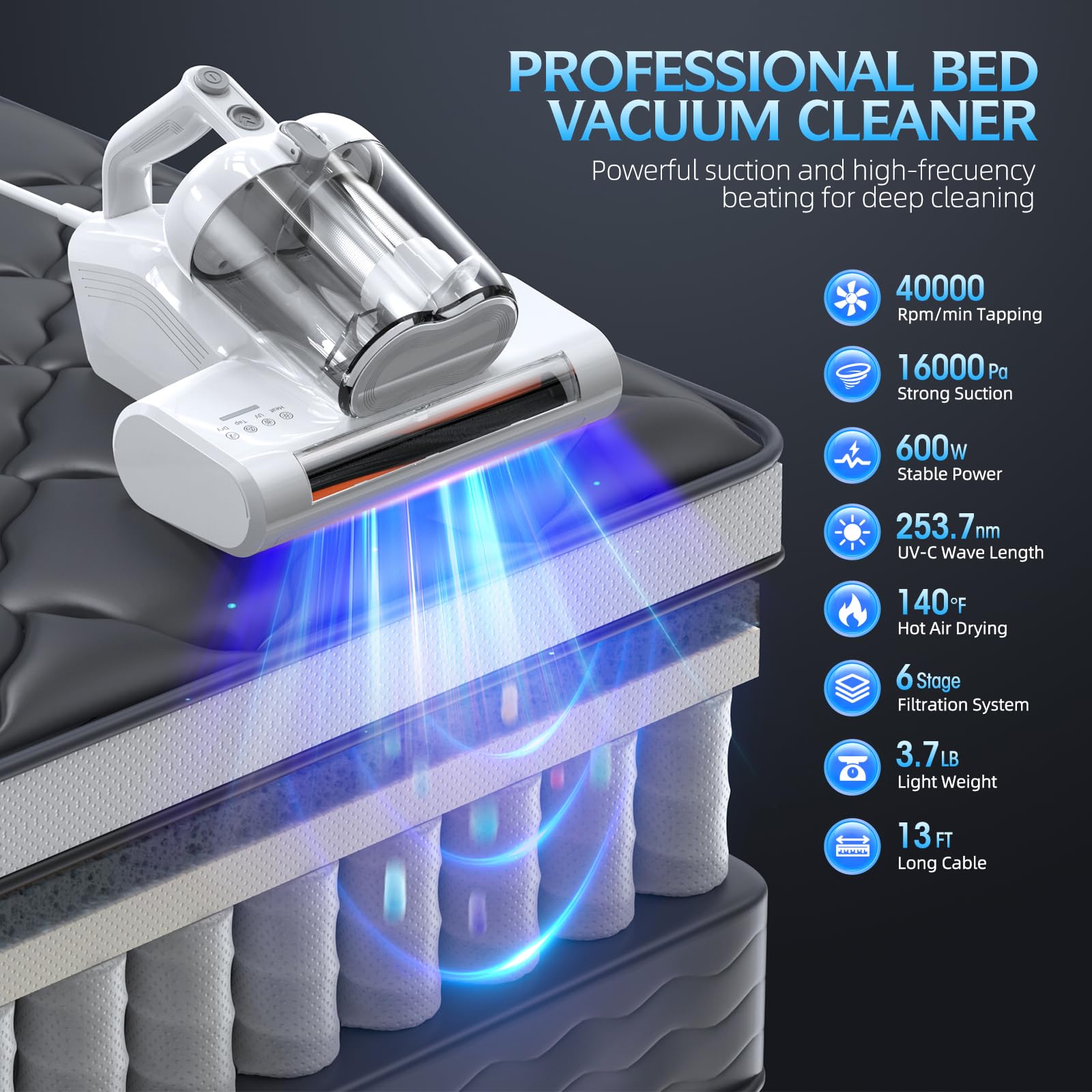 JPHYLL Mattress Vacuum Bed Vacuum Cleaner with 253.7nm UV-C Light 16Kpa Suction 40000 Rpm/Min Brushroll Rotation HEPA Filter Heating Mite Removal