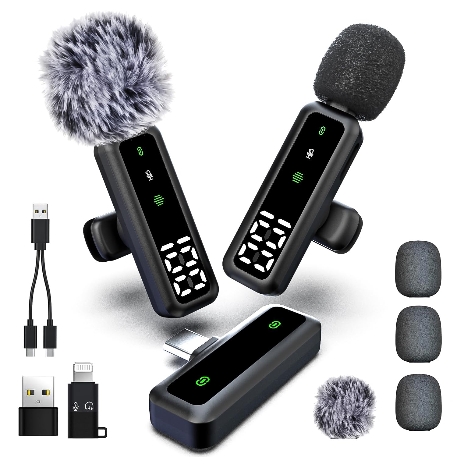 Wireless Lavalier Microphone with LED Display, Lavalier Microphones Clip on Mic With Noise Reduction, for Video Recording, Tiktok, Youtube, Vlog Podcast Content Creator, for Android and iPhone,（Black）