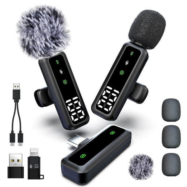 Wireless Lavalier Microphone with LED Display, Lavalier Microphones Clip on Mic With Noise Reduction, for Video Recording, Tiktok, Youtube, Vlog Podcast Content Creator, for Android and iPhone,（Black）