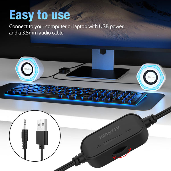 HEANTTV Computer Speaker, PC Speakers for Desktop Monitors, 2.0 Stereo Volume Control with LED Light, USB Powered & 3.5 mm jack, Perfect Multimedia Speakers for Monitors, Computer, Laptop,Smartphones