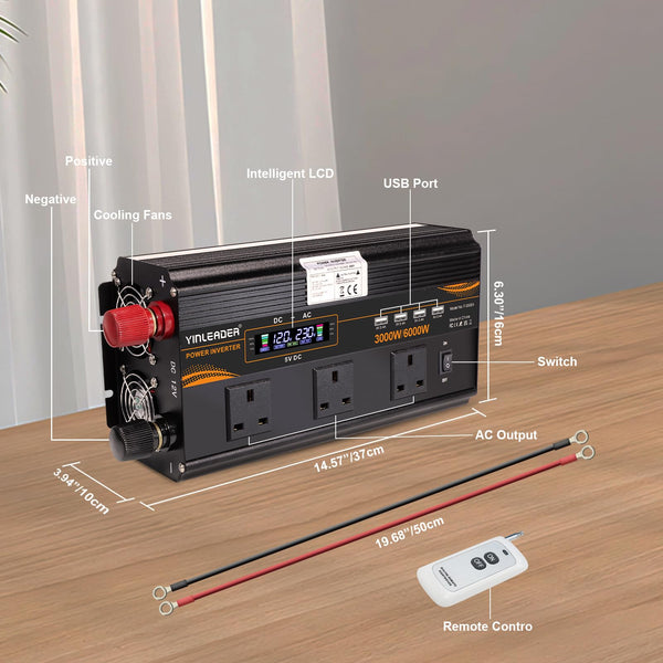 Yinleader Power Inverter 1600W DC 12V to AC 230V 240V Car Converter with UK AC Outlet and Dual USB Ports