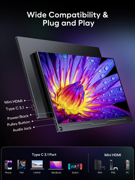 UPERFECT Portable Monitor 18.5 Inch 120Hz，Portable Gaming Monitor 1080P FHD 100% sRGB Matte Screen, IPS HDR FreeSync Speaker HDMI USB C Monitor, VESA & Smart Cover