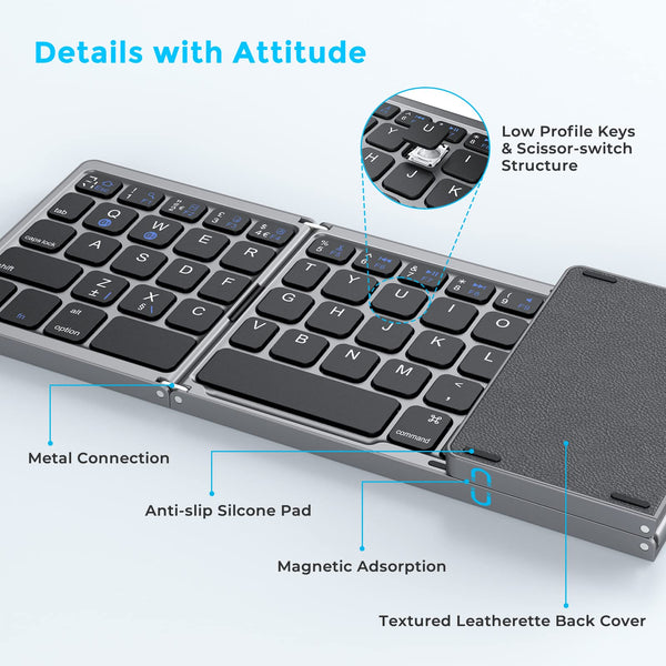 Seenda Folding Bluetooth Keyboard with Touchpad, Foldable Portable Travel Mini Wireless Keyboard, Rechargeable UK layout for iOS Android Windows PC Tablet phone ipad, Black and Grey