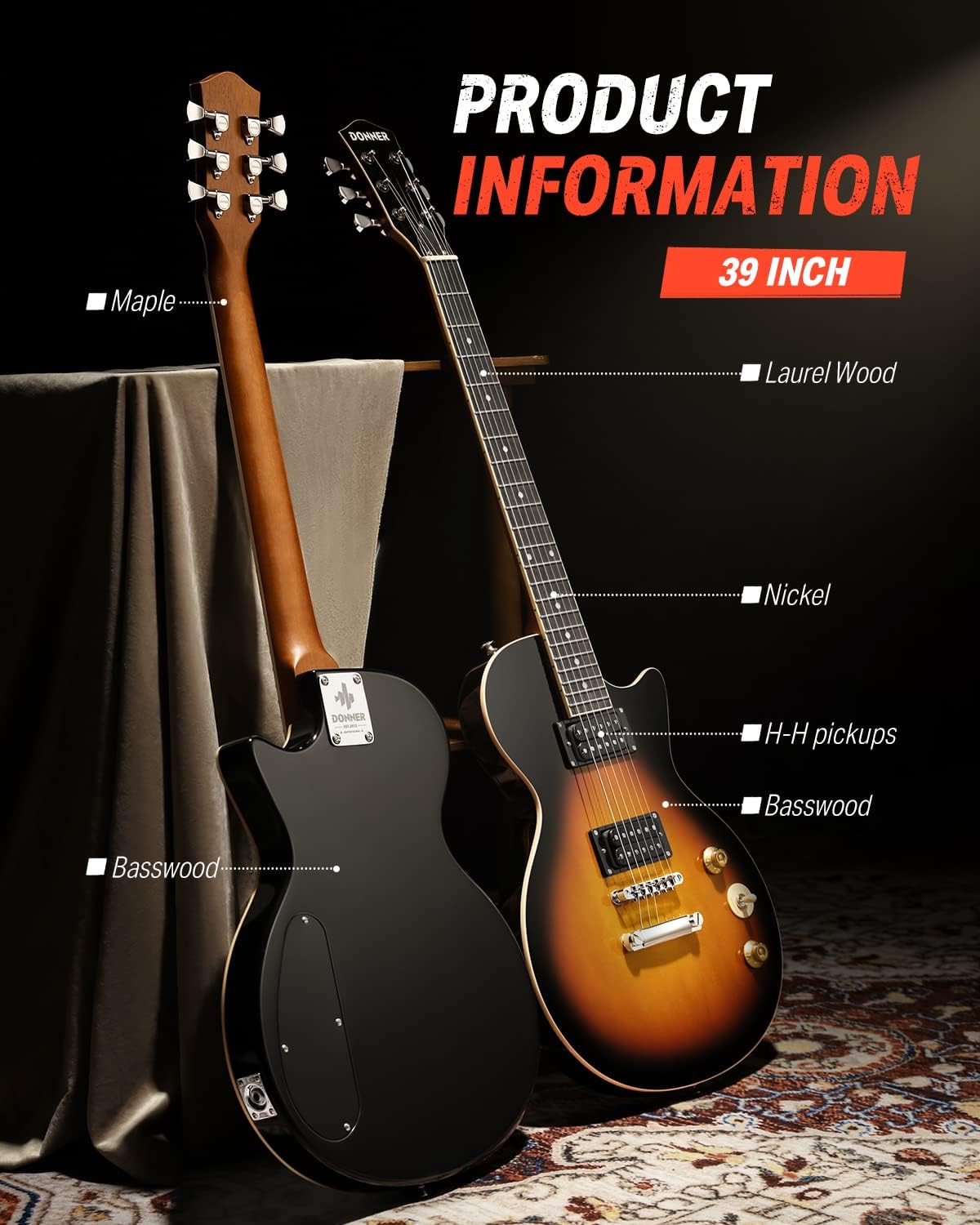 Donner Electric Guitar Kit Full Size LP Guitar Starter Set 39 Inch Solid Body with Bag, Strap, Cable (Sunburst)
