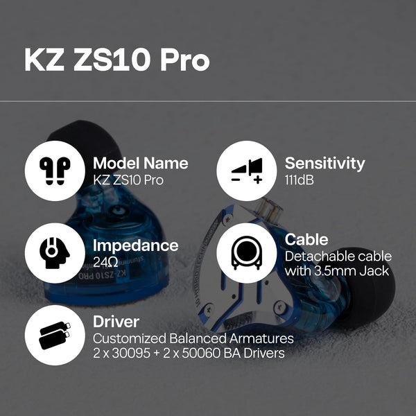 Linsoul KZ ZS10 Pro, 4BA+1DD 5 Driver in Ear Monitor, HiFi Wired Earbuds, Gaming Earbuds, Hybrid IEM Earphones with Stainless Steel Faceplate, Recessed 2 Pin Detachable Cable(With Mic, Glare Blue)