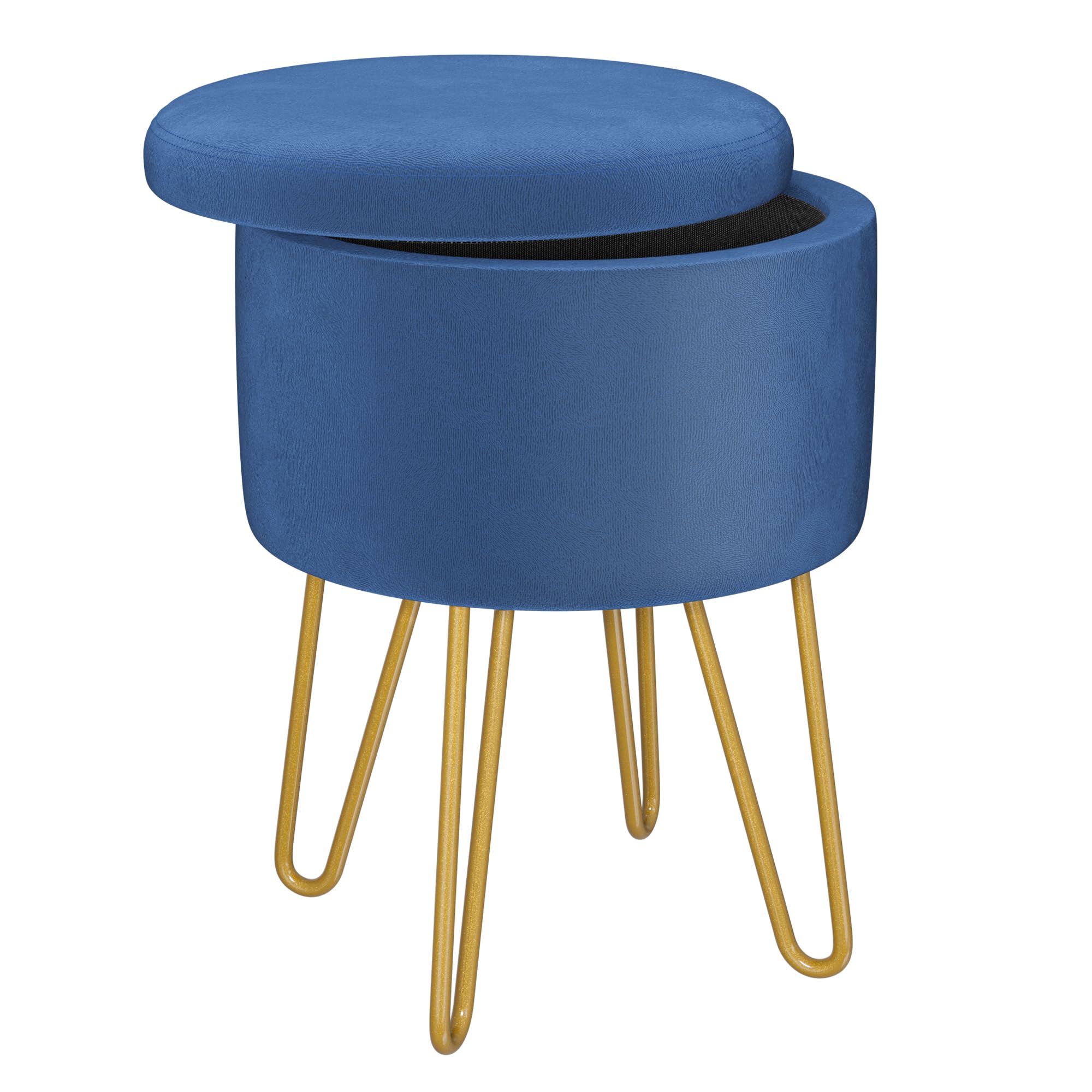 BONTEC Round Velvet Vanity Stool with Storage, Blue Dressing Table Chair with Gold Metal Legs, Soft Ottoman Seat, Shoe Bench & Toy Book Organizer, for Bedroom, Living Room, Hallway, 6.38L Capacity