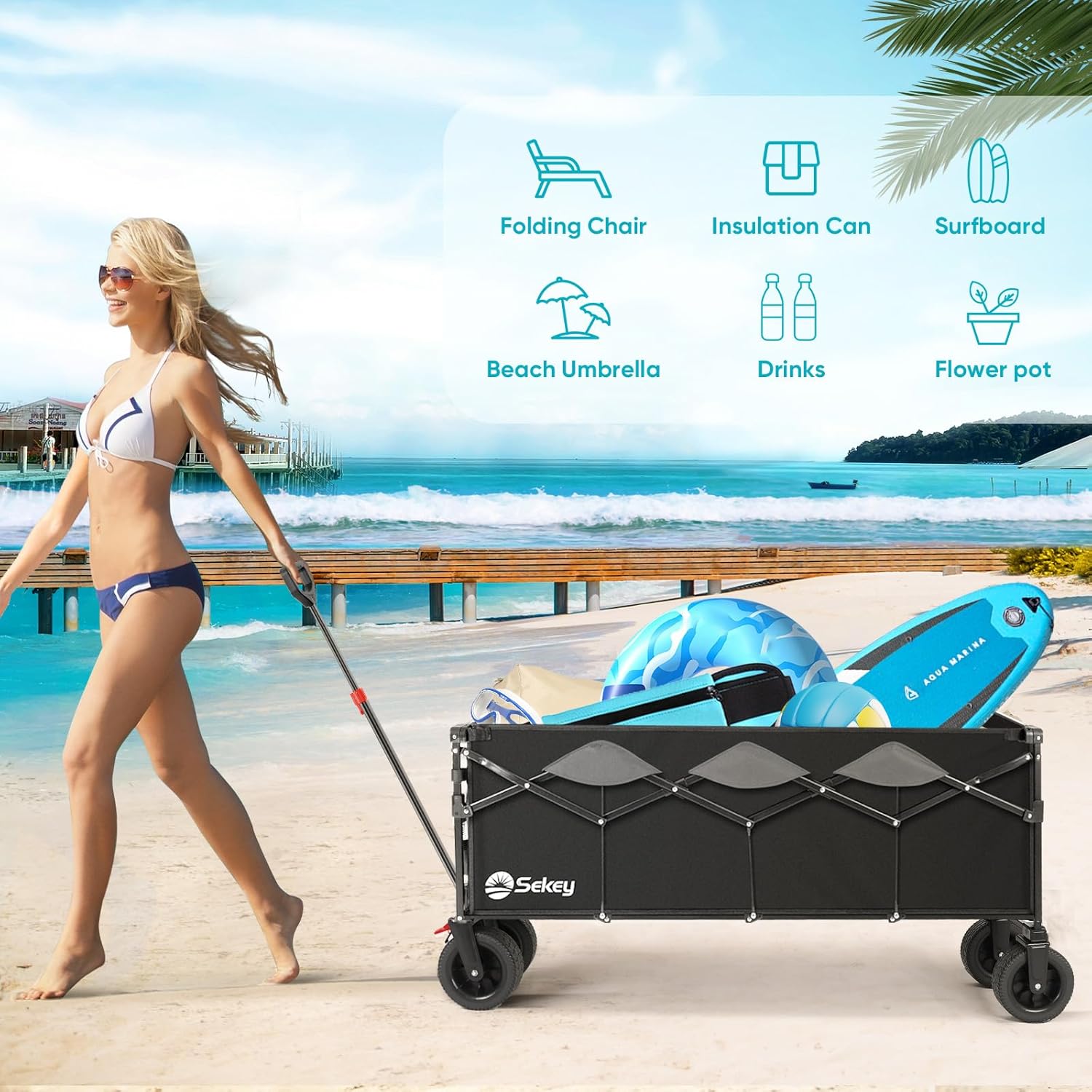 Sekey 400L Folding Beach Trolley, 440lbs Weight Capacity Heavy Duty Collapsible Festival Wagon Cart with Big All-Terrain Wide Wheels & Drink Holders, Foldable Outdoor Wagon for Garden Camping, Black