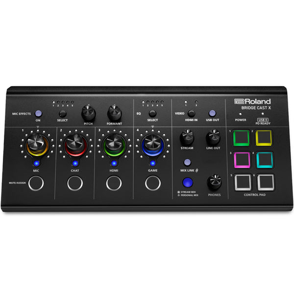 Roland BRIDGE CAST ONE Dual Bus Streaming Mixer Compact Audio Streaming Mixer For Online Gamers & Content Creators 32-Bit Hardware DSP USB-C Windows and Mac Connectivity XLR Mic Support