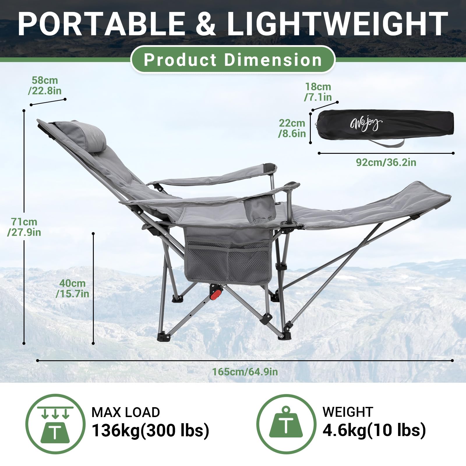 #WEJOY Camping Chairs Folding Recliner Chair Adjustable with Detachable Footrest Headrest Cup Holder Lightweight Portable Reclining Camp Chair Fold Up Chair for Outdoor Beach Garden, Cyan Set of 2