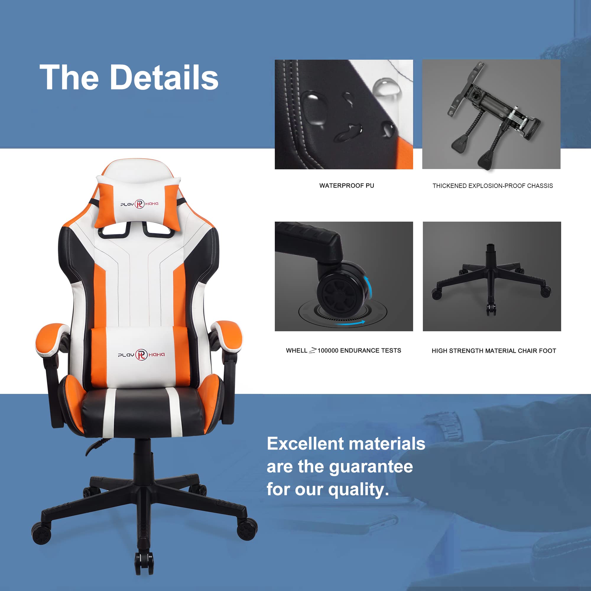 T-THREE.Ergonomic Leather Gaming Chair Height Adjustable with Headrest and Lumbar Support(Orange)