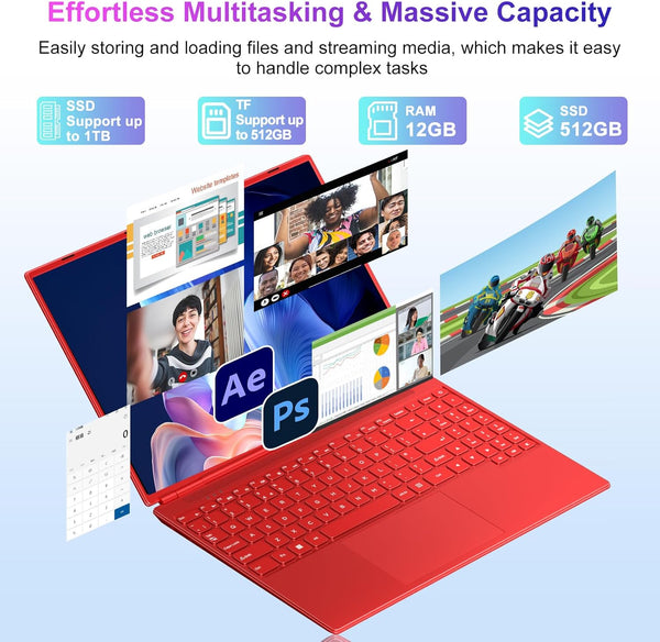 HUQPPQ 16 Inch Blue Laptop Celeron N5095 (Up to 2.9GHz) 12GB RAM 512GB SSD | 1TB Expandable | FHD 1920x1200, USB3.0, WiFi5 | WIN 11 Laptops for Students, School & Office - N600