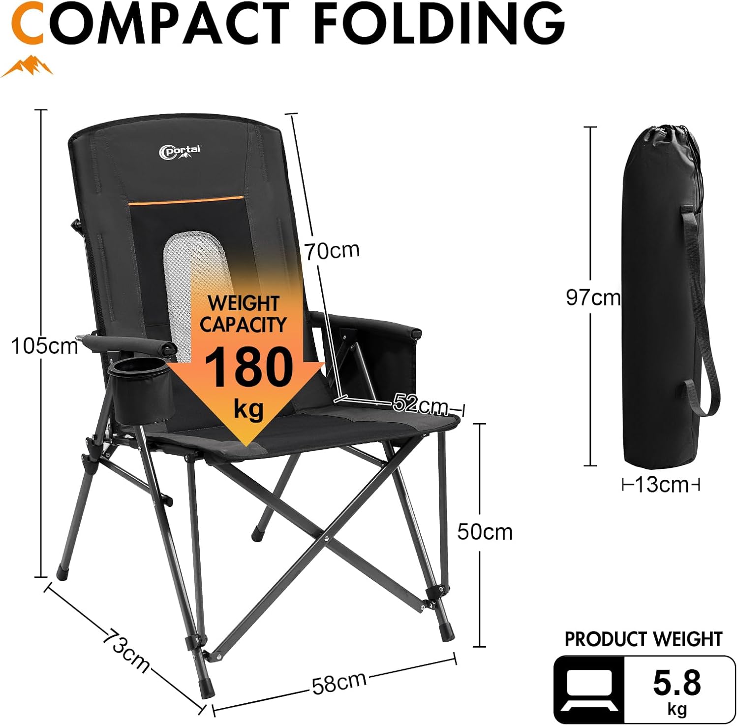 Portal Folding Camping Chair for Adults High Back Heavy Duty 180KG Load Foldable Garden Picnic Festival Collapsible Chair Oversized Hard Armrests Mesh Back Portable for Fishing Beach Patio