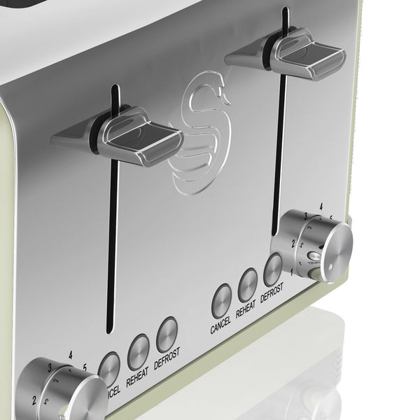 Swan ST19020GRN Retro 4-Slice Toaster with Defost/Reheat/Cancel Functions, Cord Storage, 1600W, Retro Grey