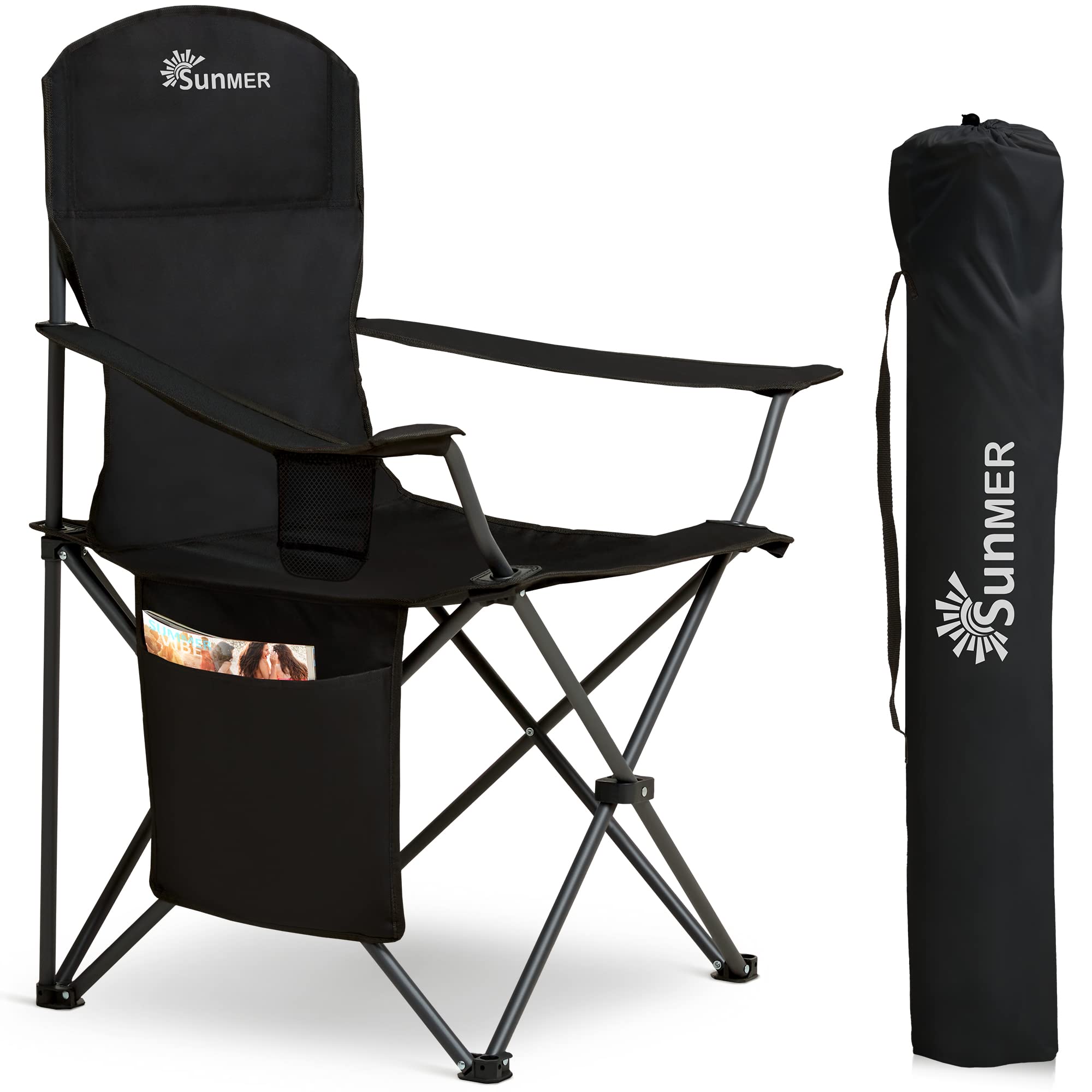 SUNMER Set of 2 Folding Camping Chairs, Extra-Wide Lightweight Outdoor Chairs with Armrests, Cup Holder and a Side Pocket, 120kg Capacity per Chair - Black