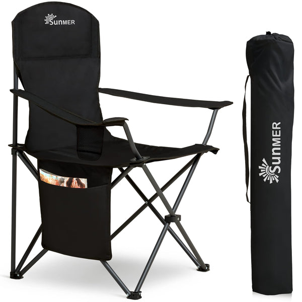 SUNMER Set of 2 Folding Camping Chairs, Extra-Wide Lightweight Outdoor Chairs with Armrests, Cup Holder and a Side Pocket, 120kg Capacity per Chair - Black