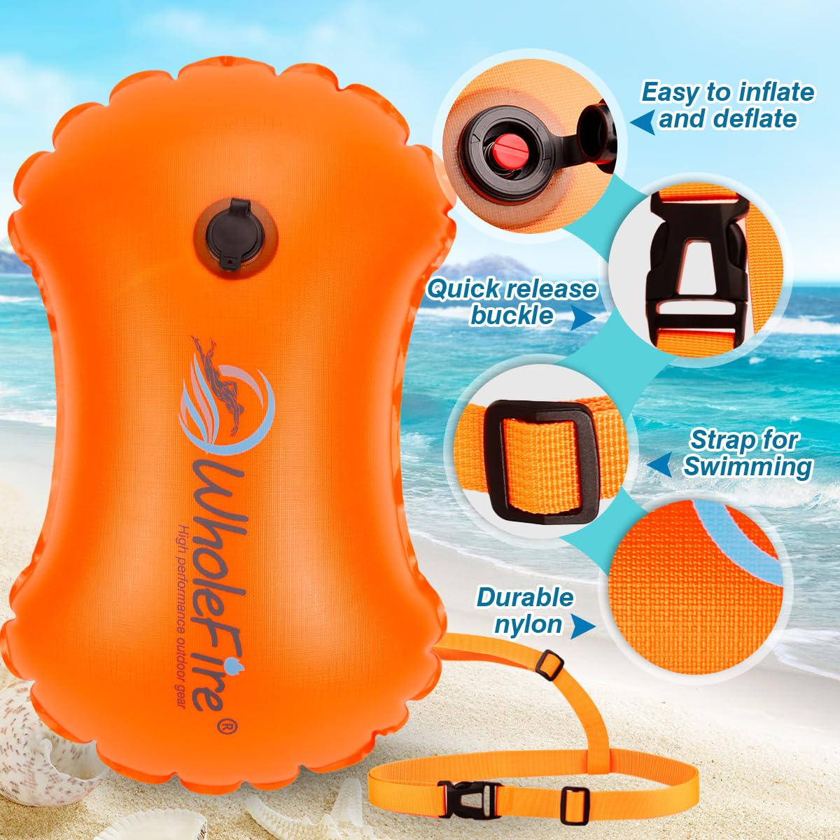 WholeFire 20L Swim Buoy Waterproof Inflatable Dry Bag Swim Safety Float for Water Sports, Open Water Swimmers, Triathletes, Kayakers and Snorkelers