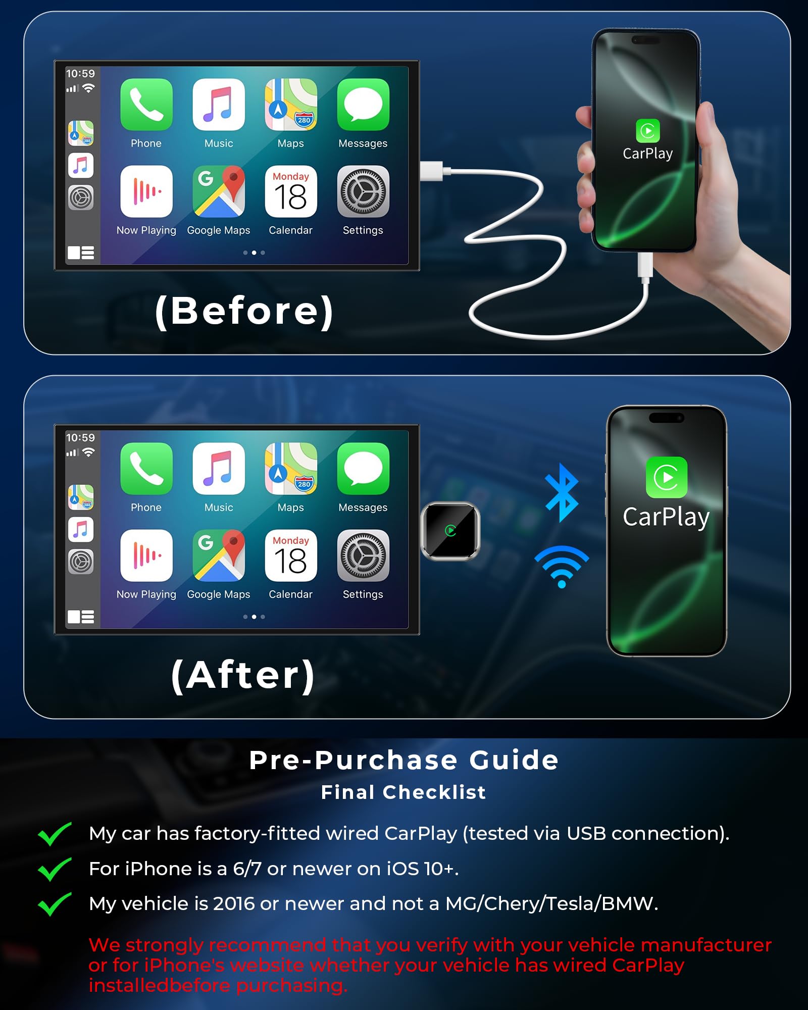 Wireless CarPlay Adapter for APPLE iPhone - Upgrade Wired CarPlay to Wireless Device, Mini T-shaped for Cars USB Plug and Play Auto Reconnect, for Portable Car GPS Navigation Broadcast