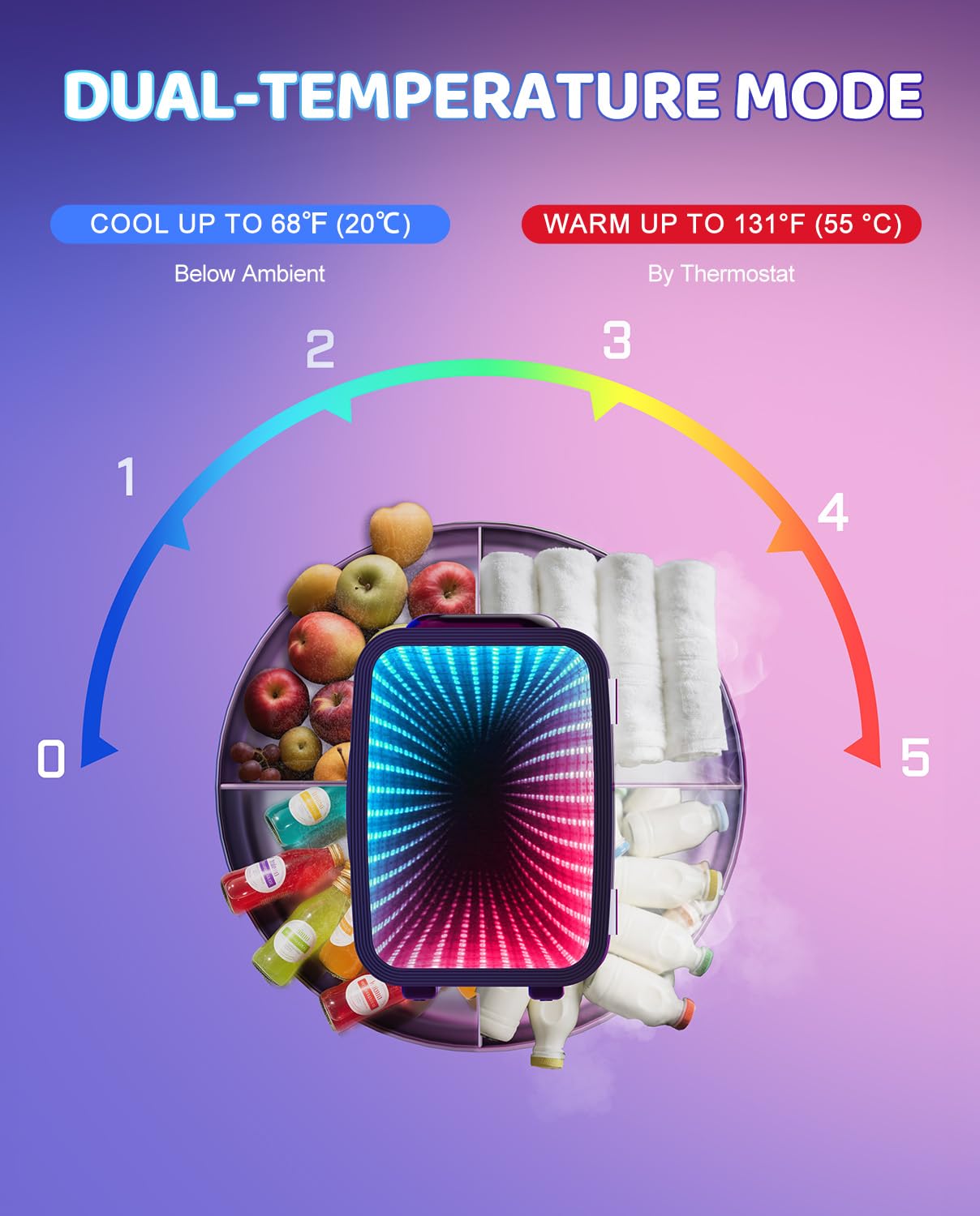 LIGIANT MF01C Mini Fridge, 7 Light Modes Including Flashing Marquee, Quiet Cooling & Warming Function, AC/DC Power, 4 L/6 Cans Capacity, Small Refrigerator for Gaming Room, Bedroom, Office and Car