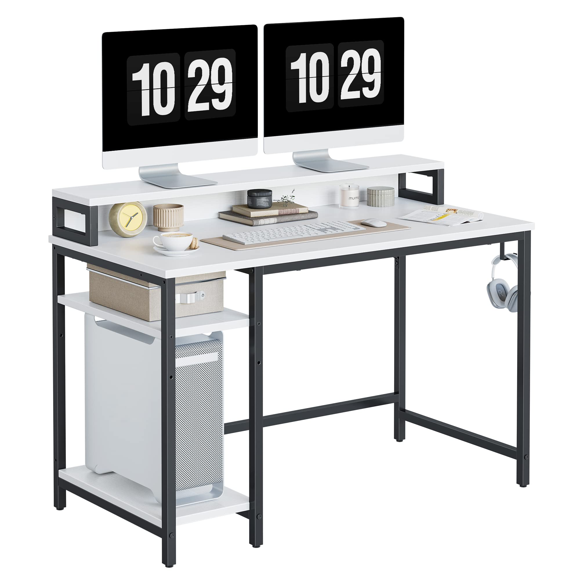 CubiCubi Computer Desk with Monitor Stand and Storage Shelves, 120cm Home Office Desk Study Writing Table, White