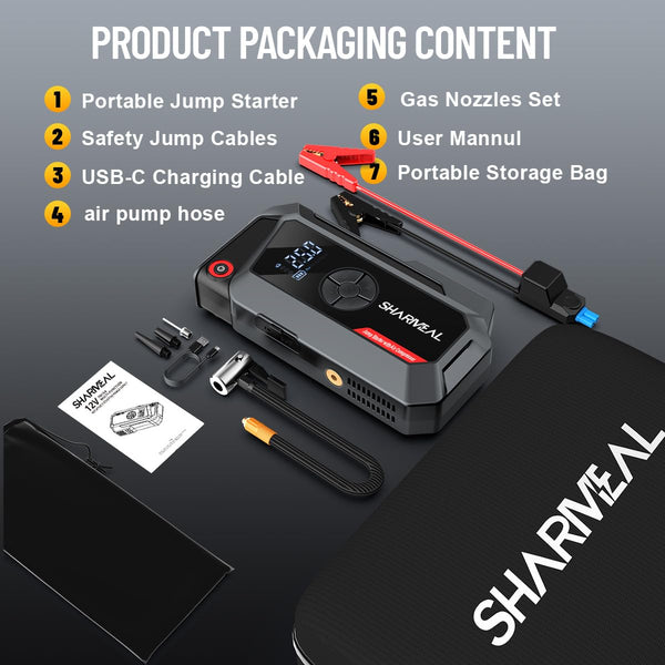 SHARMEAL 6000A Portable Car Battery Booster (all Gas/10L Diesel), Jump Starter Power Pack with 150PSI Air Compressor, 12V Car Jump Starter Power Bank with Jump Leads, LCD Screen, Emergency Light