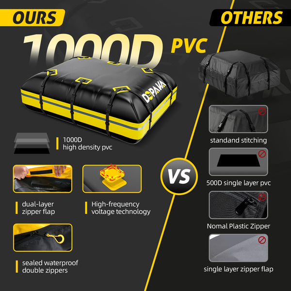 Rooftop Cargo Carrier Bag,100% Waterproof Heavy Duty 1000D Car Top Carrier,15 Cubic Feet Car Roof Bag for All Vehicle with/Without Rack,High-Frequency Welded Seams,Anti-Tear Anti-Slip Mat,6 Door Hooks