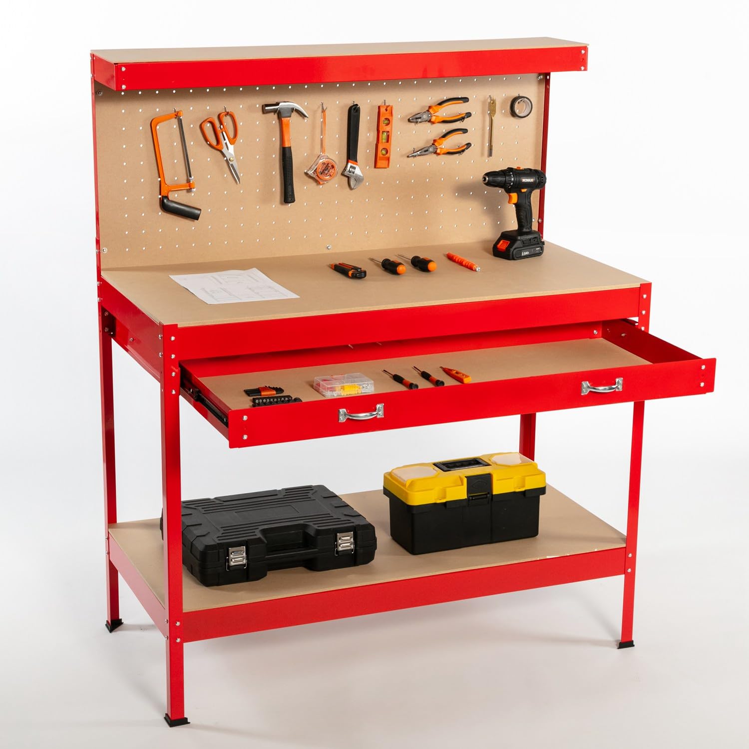 SwitZer New Red Steel Garage Tool Box Toolbox Work Bench Workbench Storage With Drawers Pegboard and 20 Pegs Shelf DIY Workshop Station