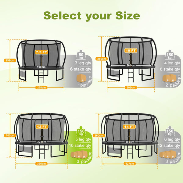 Devoko Outdoor Trampoline 7.5ft/10ft/12ft/14ft GS Certified Garden Trampoline With Safety Net,Non-Slip Ladder& Shoe Organiser,Available For Toddlers And Adults,Up to 150kg