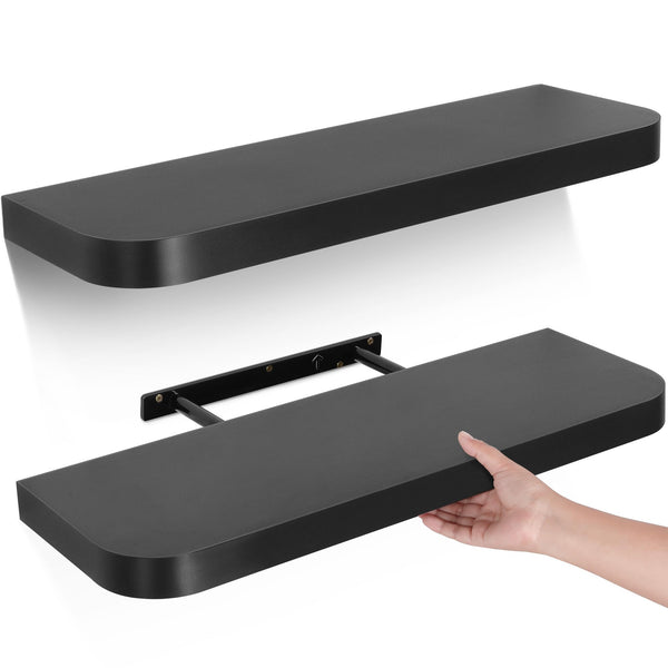 Gronda Black Floating Shelves for Wall, Set of 2 Modern Midcentury Wall Mounted Shelf Curved Edge Design with Large Decor Storage Display Shelf for