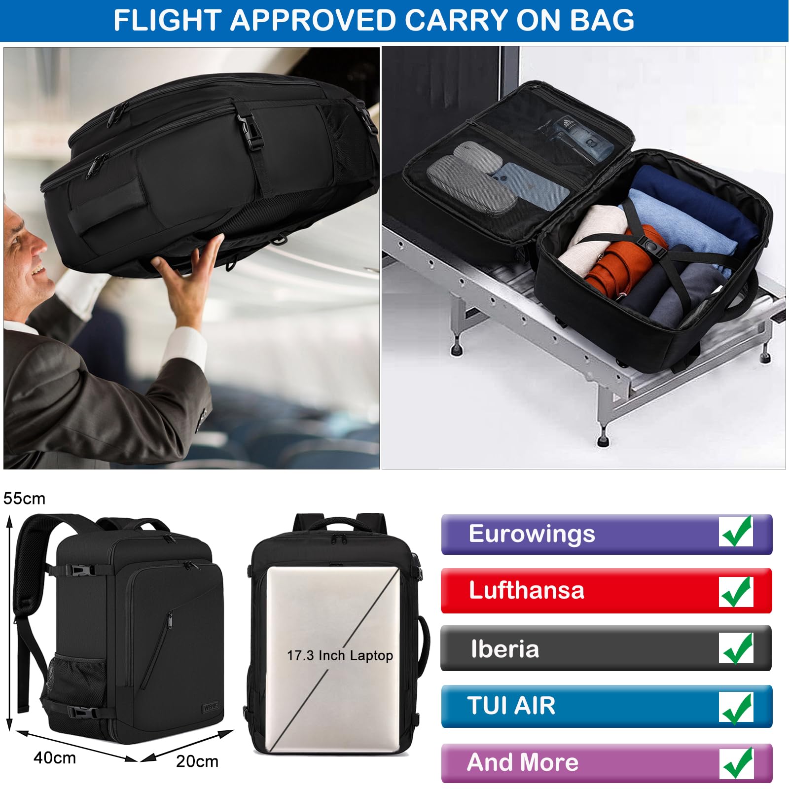 Cabin Bags 40x20x25 for Ryanair Underseat 20L Small Travel Hand Luggage Backpack Carry-ons Bag Cabin Size for Airplanes Flight Bag Travel Rucksack Fit 14 Inch Laptop with USB Charging Port-Black