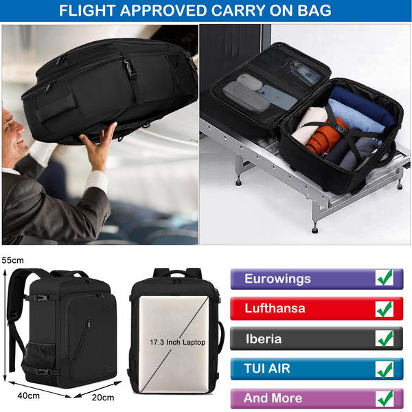 Cabin Bags 40x20x25 for Ryanair Underseat 20L Small Travel Hand Luggage Backpack Carry-ons Bag Cabin Size for Airplanes Flight Bag Travel Rucksack Fit 14 Inch Laptop with USB Charging Port-Black