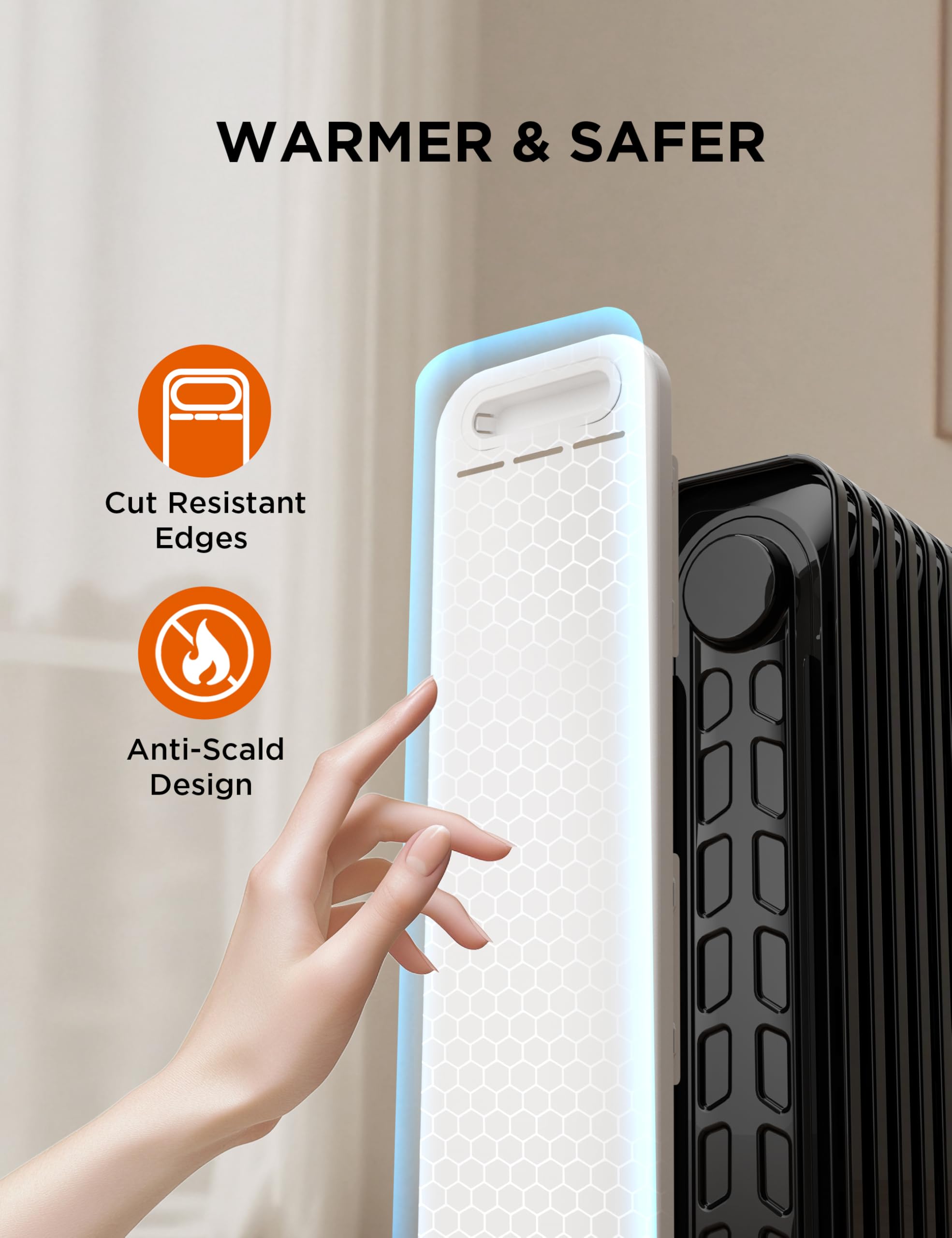 Midea Oil Filled Radiator, 2300W, 11-Fin Portable Electric Heater with Knob Controls, Adjustable Thermostat, 3 Heat Settings, Tip-Over & Overheat Protection, UltraQuiet Operation for Office & Home Use