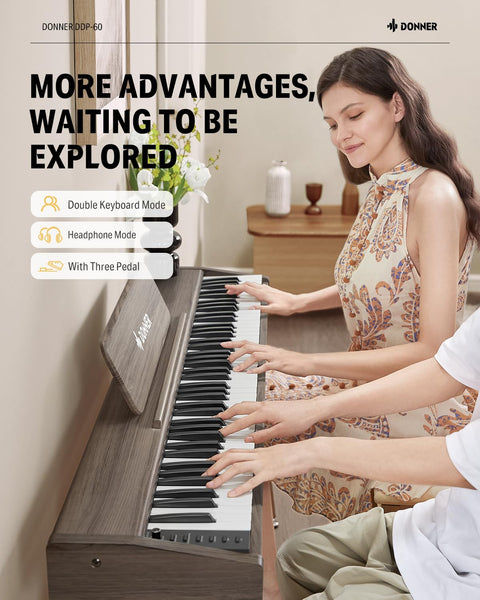 Donner DDP-60 88 Key Digital Piano for Beginner, Electric Keyboard with Velocity-Sensitive Keys, 128 Voices, 83 Rhythms, 8 Reverb Effects, 5 Strength Curves, Auto Chord, Gray
