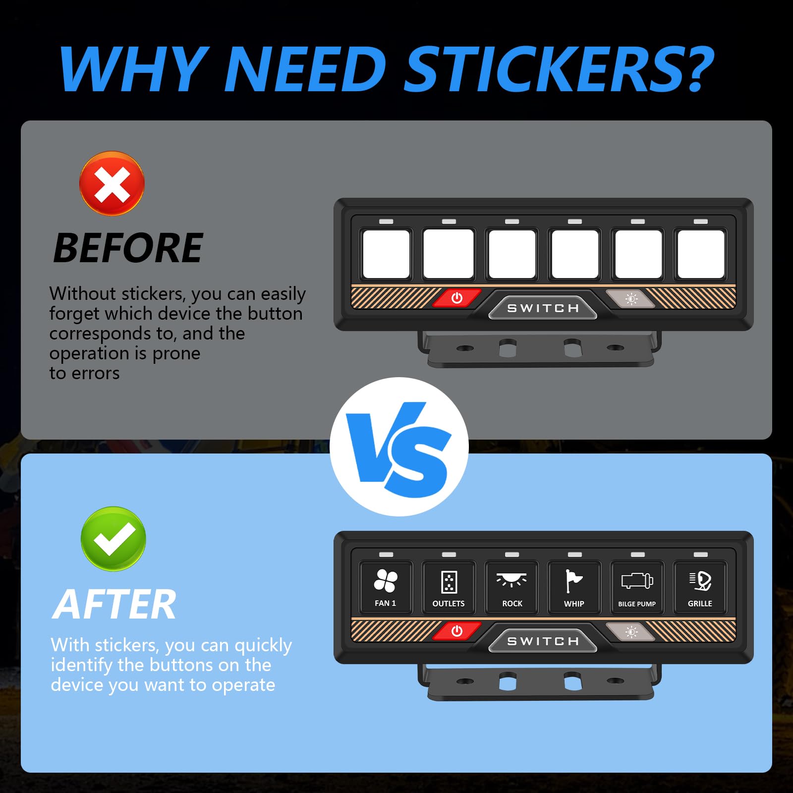 Chelhead 140PCS Vehicle Switch Panel Stickers for P2-6/8/12 Gang Switch Panel Universal Waterproof Multi-Function Button Control Rocker Labels Compatible with Car Dashboard, Boat, RV, Truck