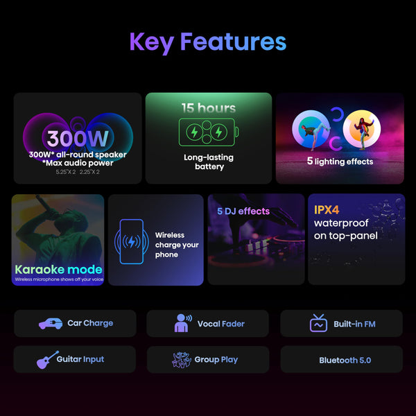 Hisense PARTY STORM, 300W Max Audio Power,15 Hrs long playtime,Karaoke Mode,Lighting effects, Wireless charge the phone, IPX4 Waterproof, Bluetooth 5.0
