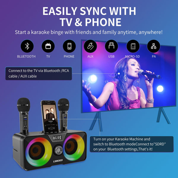 Karaoke Machine for Adults and Kids with 2 UHF Wireless Microphones,Portable Bluetooth Speaker PA Speaker System with LED Party Lights for Home Party, Picnic,Car,Outdoor/Indoor/Birthday Gifts