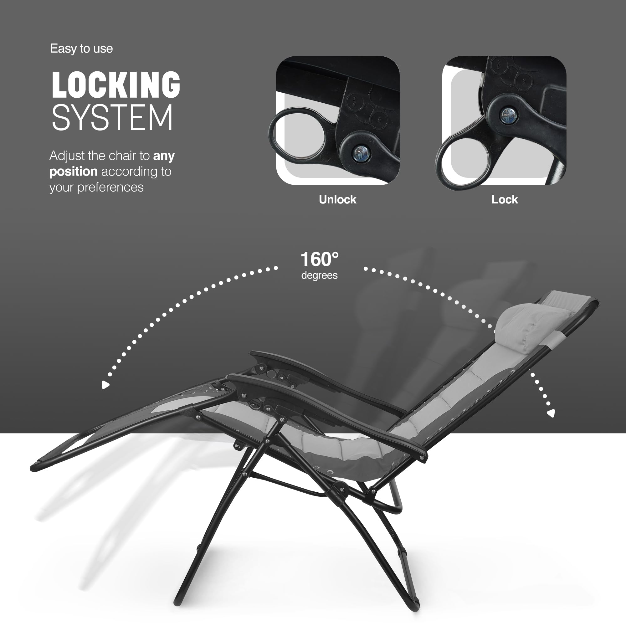 KEPLIN Set of 2 XXL Premium Heavy Duty Padded Zero Gravity Chairs - Luxurious Garden Recliners, Adjustable Headrest, Cup & Phone Holder, Foldable, Easy to Clean Patio Sun Loungers(Black)