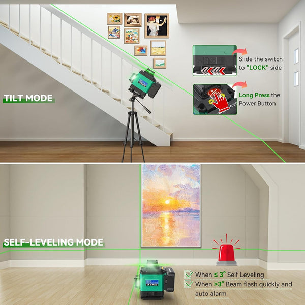 Laser Lever with Tripod, Healfith 4 x 360° 16 Lines Self Leveling Laser Level Green Lazer Level for Construction, Tile, Home Renovation, Picture Hanging