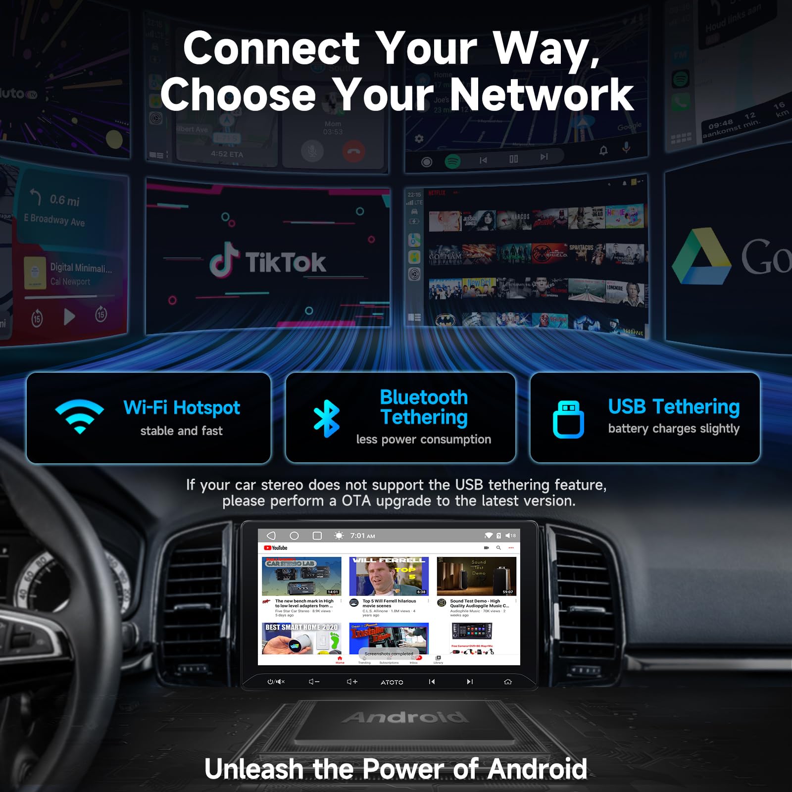 A5L 10.1inch Android Double DIN Car Stereo, WiFi/Bluetooth/USB Tethering, Wireless CarPlay/Android Auto, Touchscreen Car Radio, 24B-EQ DSP, MirrorLink, 2G+32G, FM/RDS, AI Chat, GPS Tracking