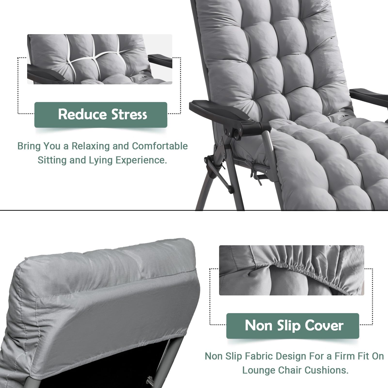 High Back Sun Lounger Replacement Cushion: 170x53 cm Padded Soft Non Slip Ties Outdoor Indoor Use for Reclining Garden Chair Patio Beach Porch Furniture