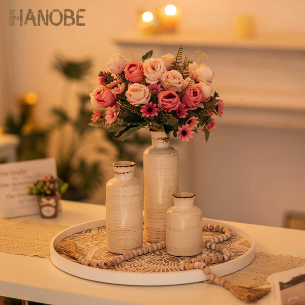 Hanobe Large Wood Decorative Tray: Boho Rustic Ottoman Tray Farmhouse Coffee Table Centerpiece Decor - Wooden Serving Round Tray for Kitchen Counter