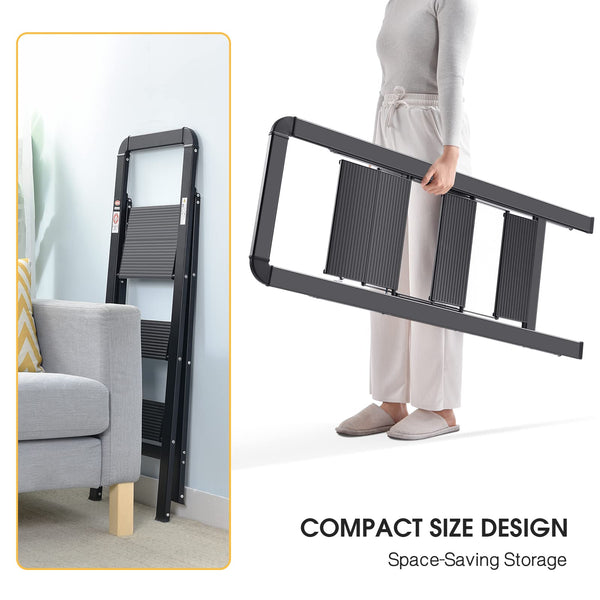 KINGRACK 2 Step Ladder with Handrail, Non-Slip Household Ladder with Folding Safety, Aluminium Folding Step Stool, Maximum Load 150 kg, Black